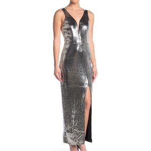 New Max & Ash Black Silver Metallic Sequin Sparkly Long Slit Formal Dress